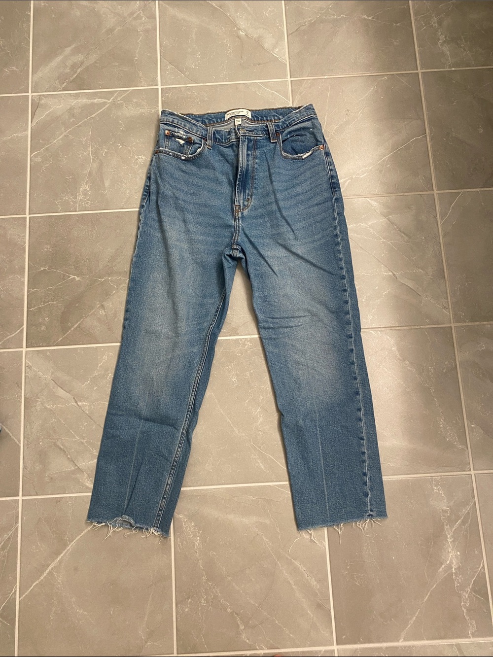 Abercrombie & Fitch Medium Wash Straight-Leg Jeans with Frayed Hem